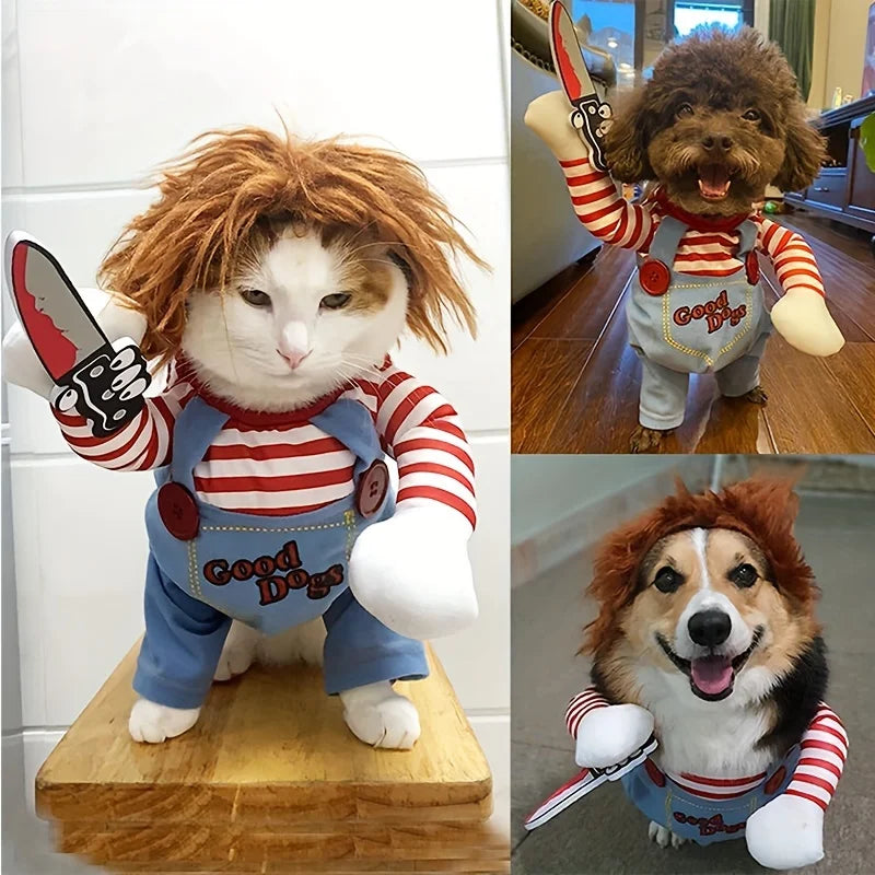 Dog Cosplay Clothes Bloody Doll Look with Knife Wig Novelty Funny Pet Costume Party Wear Halloween