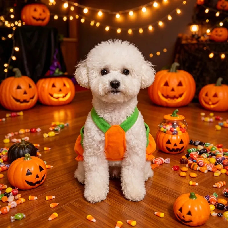 New Adjustable Washable Halloween Pumpkin Overall Dress Funny Costume for Small Dogs and Cats, Scary Trick-Or-Treat Pet Outfit