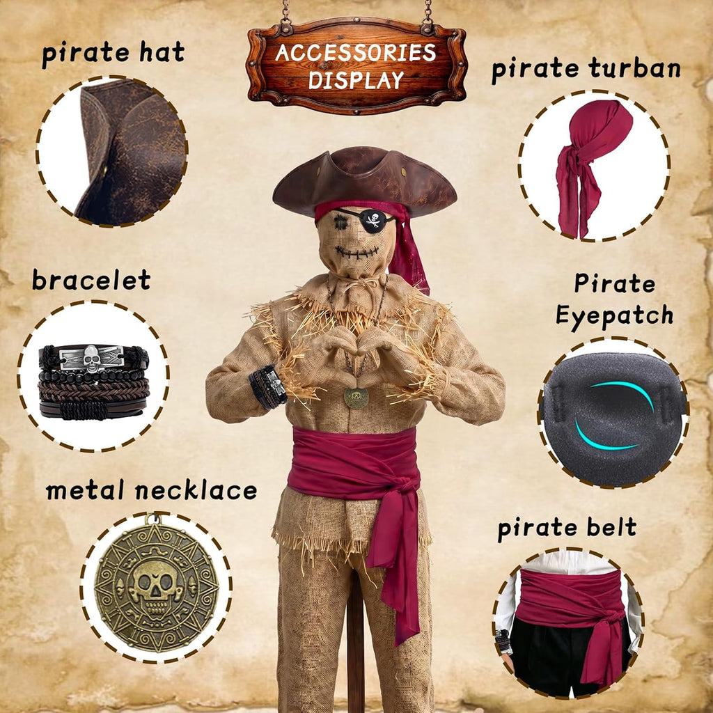 6-Piece Pirate Accessories Costume Set for Adults, Realistic Tricorn Hat | with Red Bandana, Waist Sash, Eye Patch, Skull Bracelets & Necklace, Mens Captain Buccaneer Party Outfit