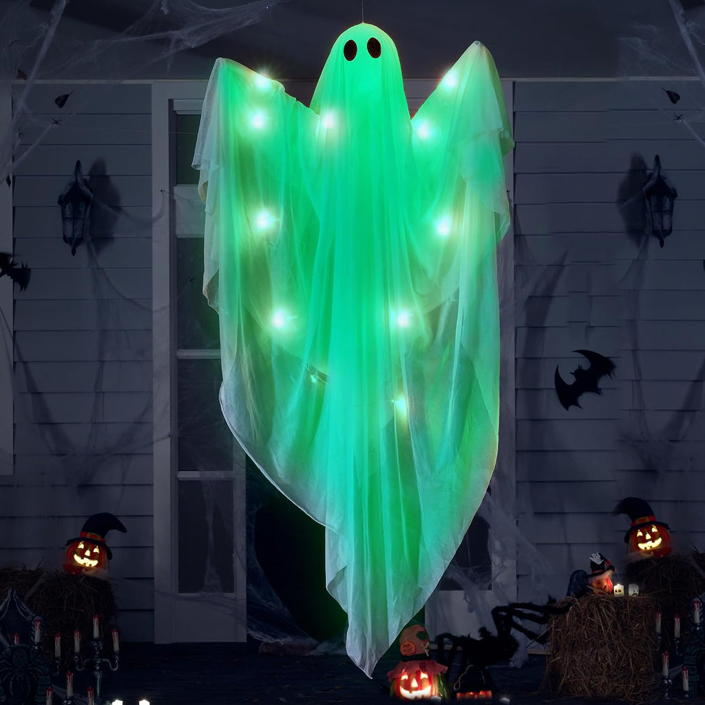 Halloween Hanging Light up Ghost, 47" White Ghosts with Green LED Light and Timer Halloween Hanging Decoration Waterproof for Front Yard Patio Lawngarden Party Decor Indoor Outdoor