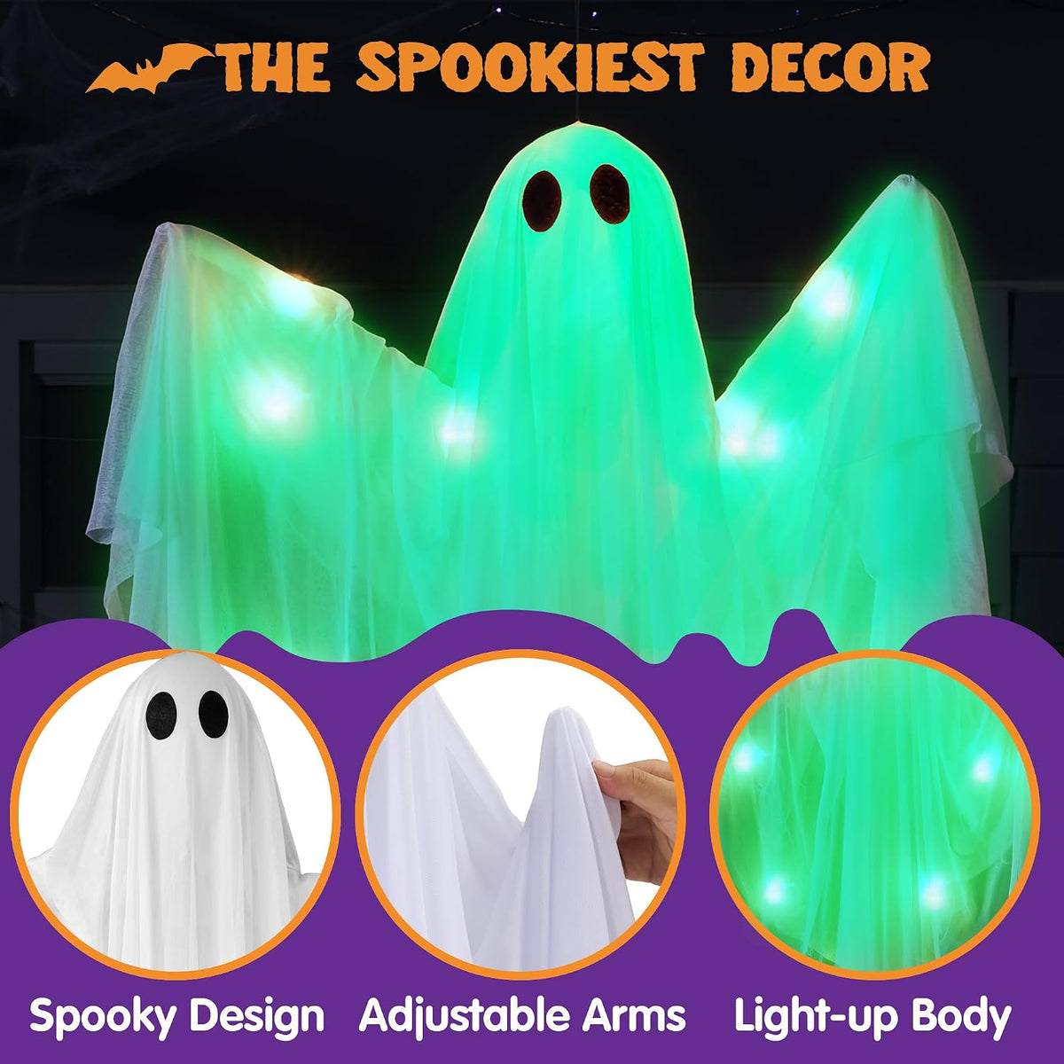 Halloween Hanging Light up Ghost, 47" White Ghosts with Green LED Light and Timer Halloween Hanging Decoration Waterproof for Front Yard Patio Lawngarden Party Decor Indoor Outdoor