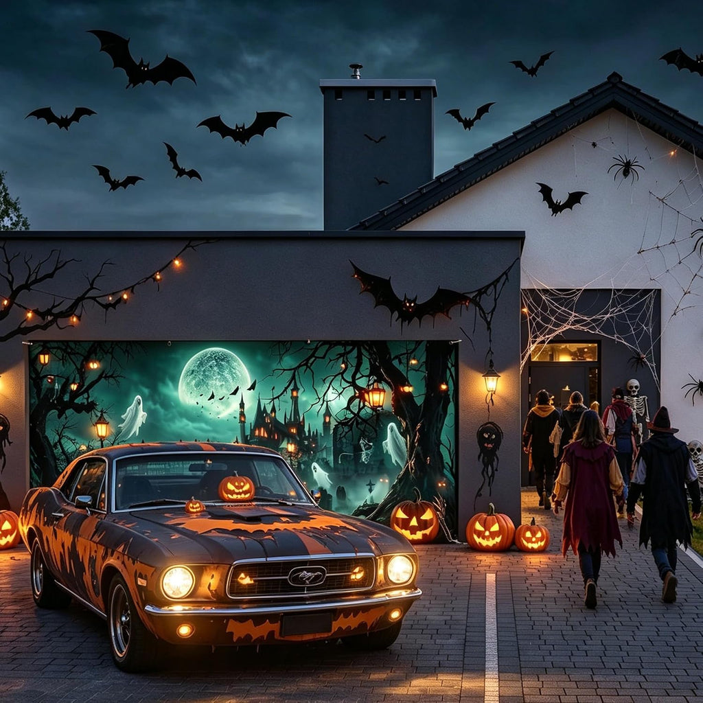 Halloween Garage Door Cover 7 X 16 Ft, Haunted Castle Pumpkin Graveyard