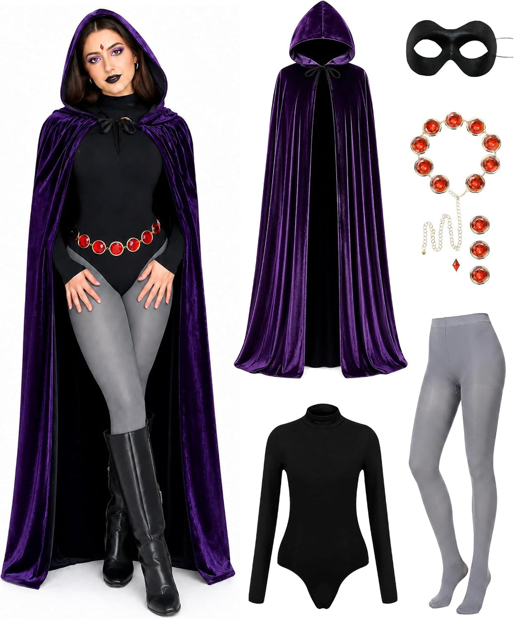 Raven Costume for Women, 6 Pcs Raven Cosplay Costume Set with Purple Hooded Cloak Bodysuit Gray Tights Halloween Party Outfit