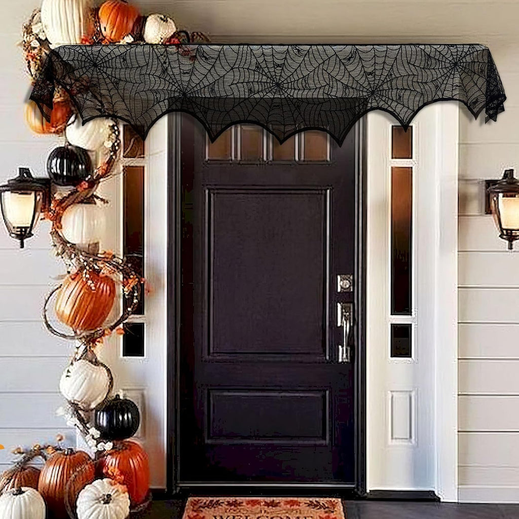 Halloween Decoration Black Lace Spiderweb Fireplace Mantle Scarf Cover Festive Party Supplies 45 X 243Cm 18 X 96 Inch