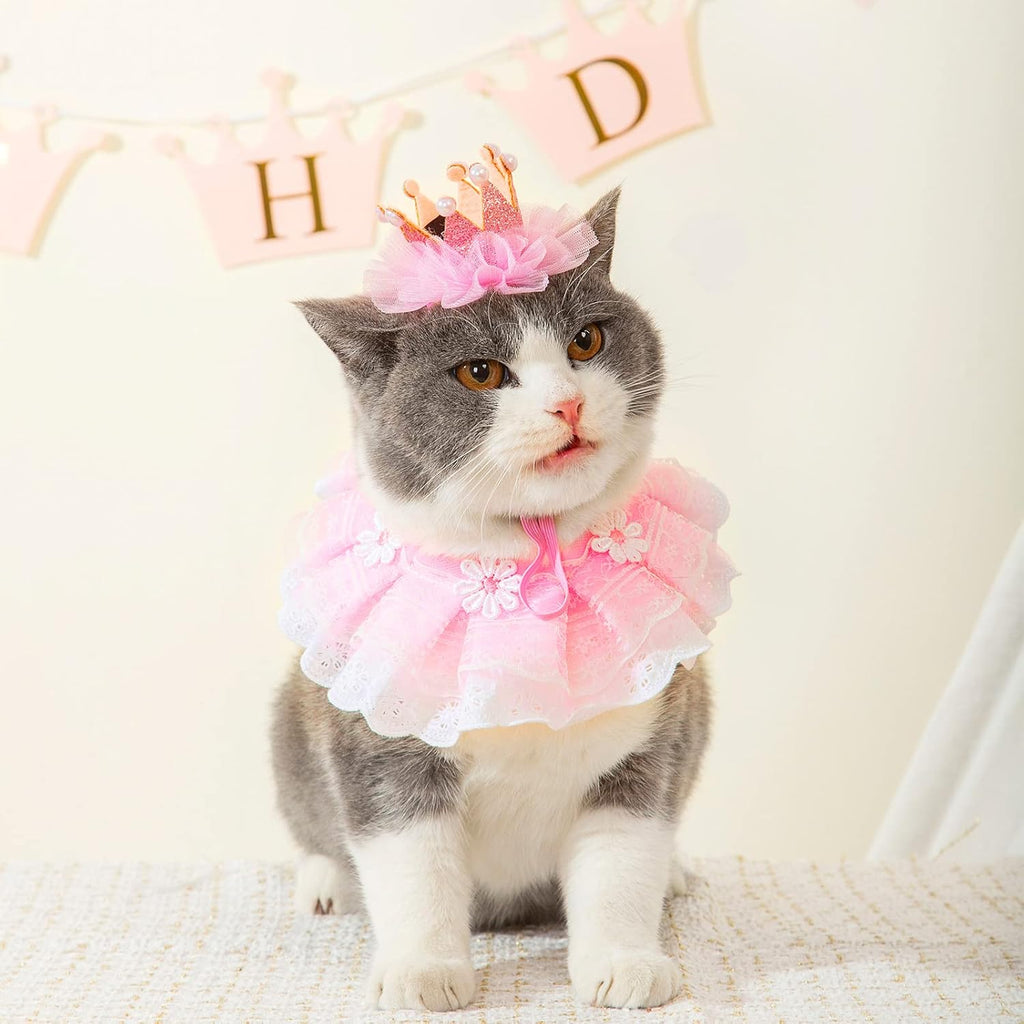 Cat Princess Costumes Cat Crown Hat & Lace Bandana Scarf Set, Puppy Party Hat for Small Dogs & Cats, Lace Outfit for Cats and Small Dogs Birthday Party (Pink)