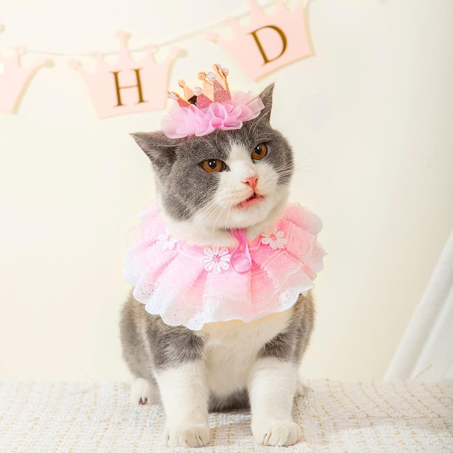 Cat Princess Costumes Cat Crown Hat & Lace Bandana Scarf Set, Puppy Party Hat for Small Dogs & Cats, Lace Outfit for Cats and Small Dogs Birthday Party (Pink)