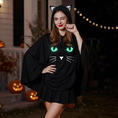 Black Cat Costume for Women, Glow in the Dark Halloween Poncho Hooded Cloak for Cosplay Themed Party