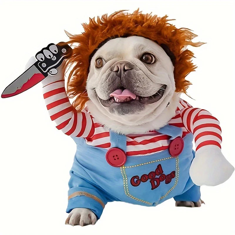 Dog Cosplay Clothes Bloody Doll Look with Knife Wig Novelty Funny Pet Costume Party Wear Halloween