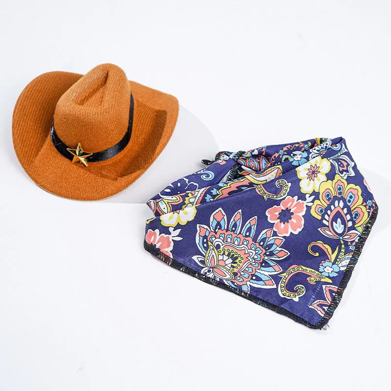 British Style Cat Cowboy Hat with Bandana Set, Adjustable Pet Hat for Cats and Dogs, Funny Vintage Pet Costume Accessory