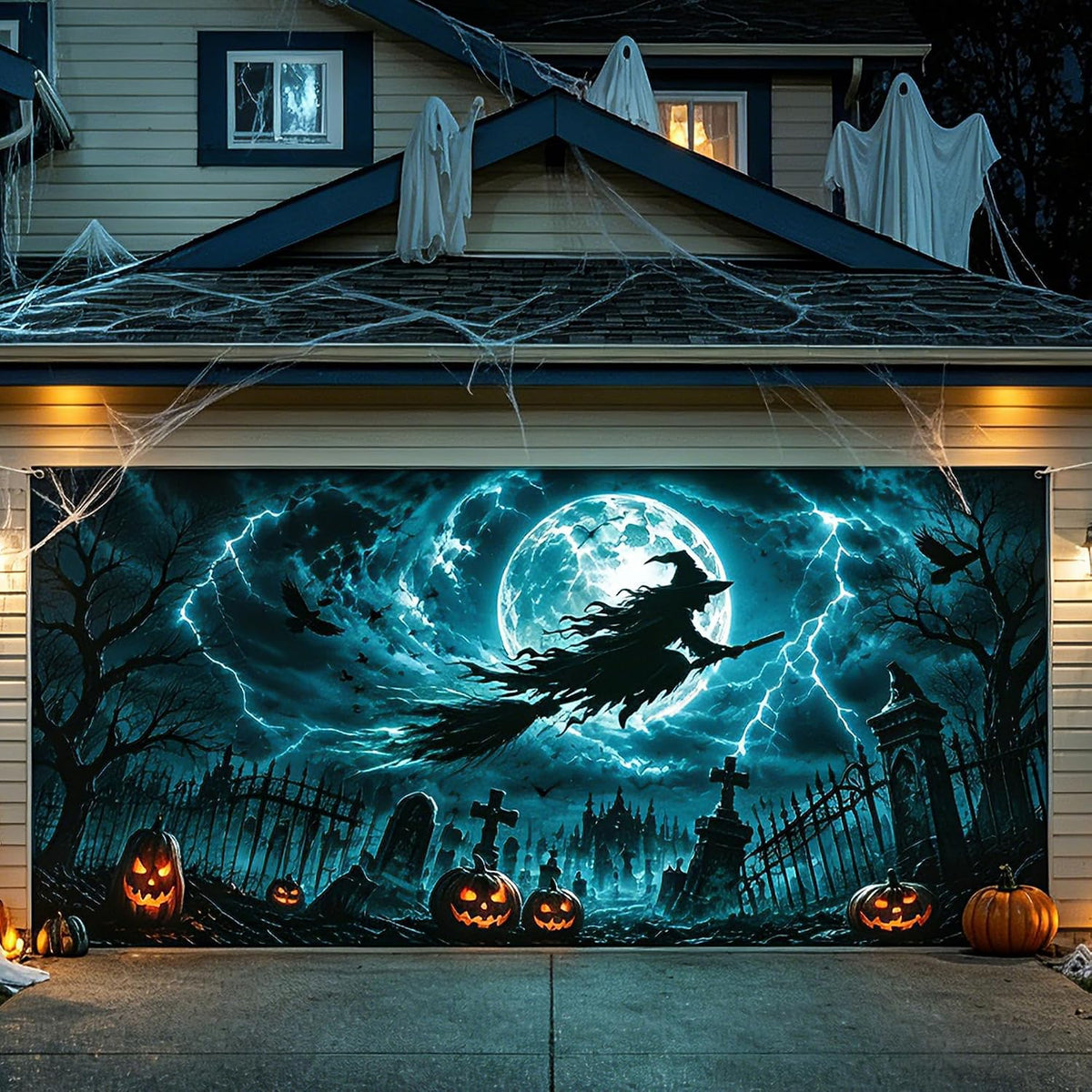 Halloween Garage Door Cover 7 X 16 Ft, Haunted Castle Pumpkin Graveyard