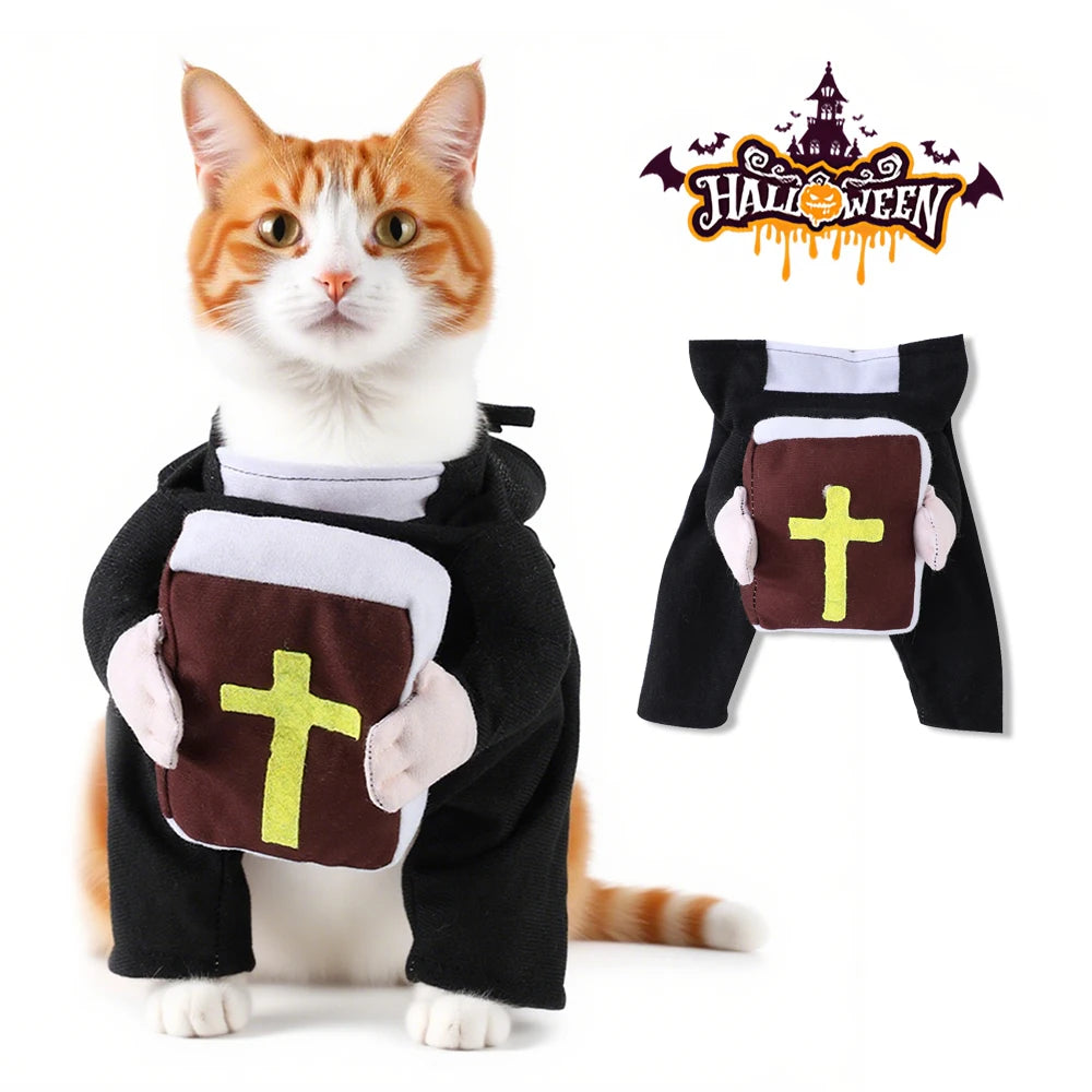 Funny Cats Clothes Halloween Costume for Small Big Dogs Cat Breathable Cross Bible Print Kitten Priest Cosplay Set Party Gifts