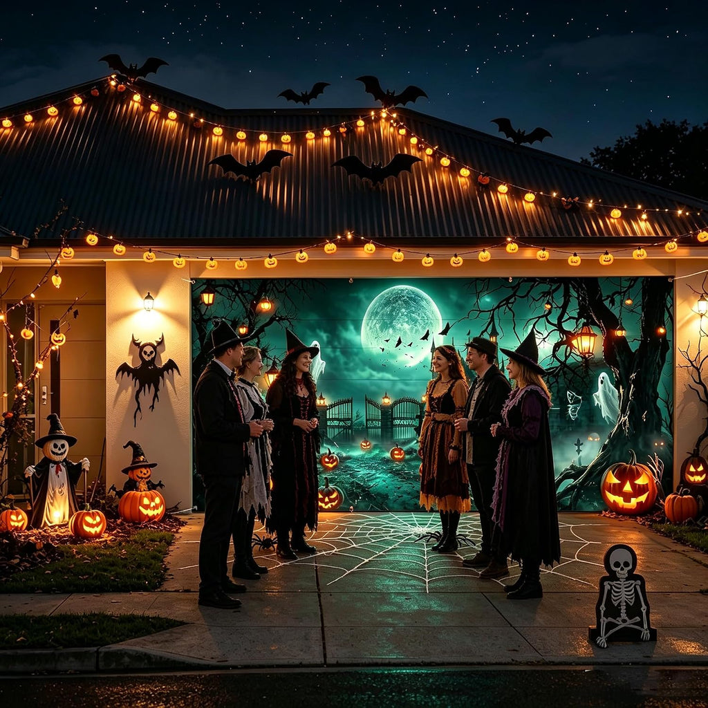 Halloween Garage Door Cover 7 X 16 Ft, Haunted Castle Pumpkin Graveyard