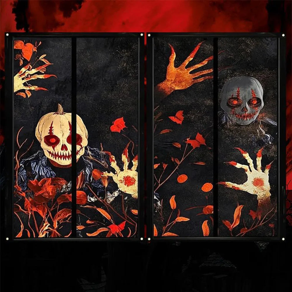 2 PCS Scary Curtain for Halloween Party Decorations Oxford Fabric Window Cover Horror Girl Boy Ghost Poster Backcloth Home Decor