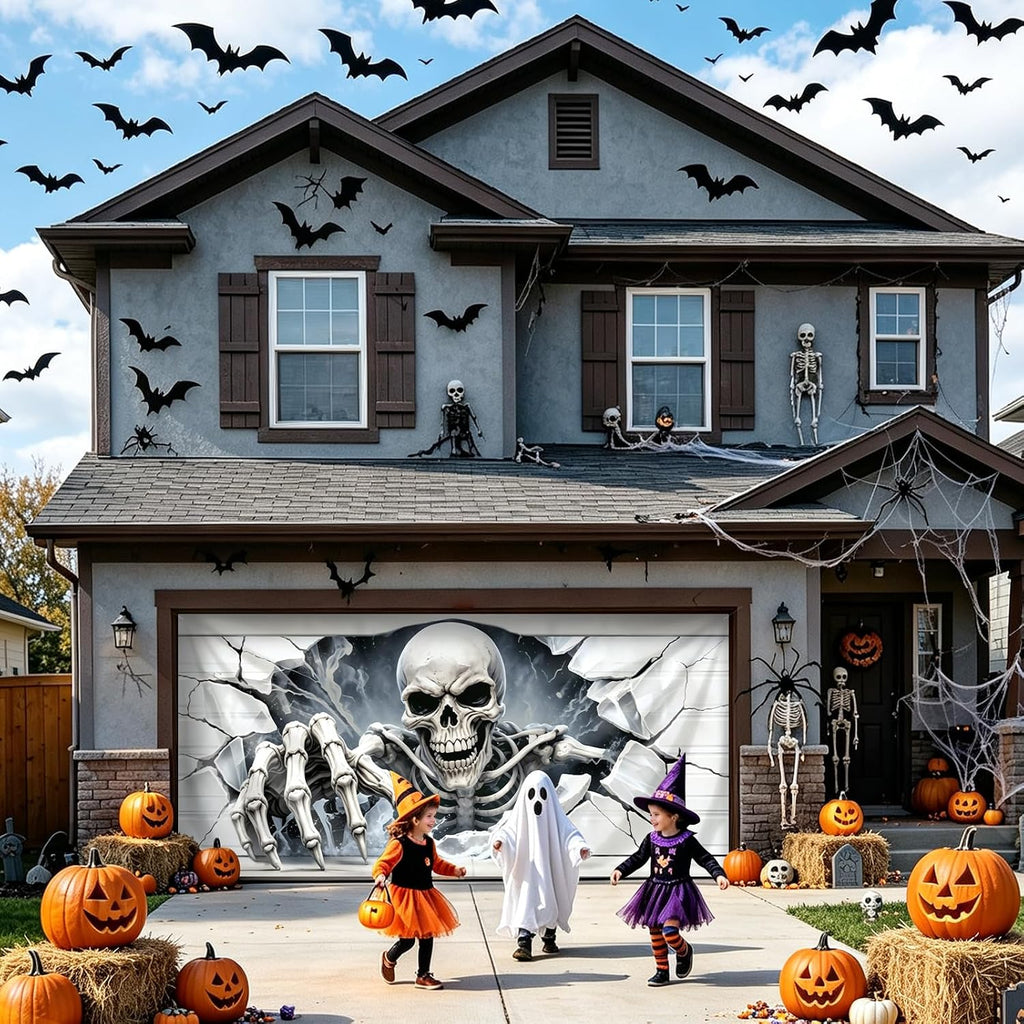 Halloween Garage Door Cover, 7×16 FT Skull Halloween Decorations Outdoor