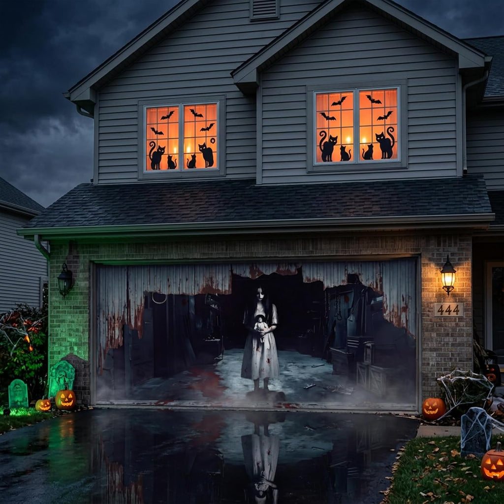 Halloween Garage Door Cover - Large Scary Ghost Girl Backdrop