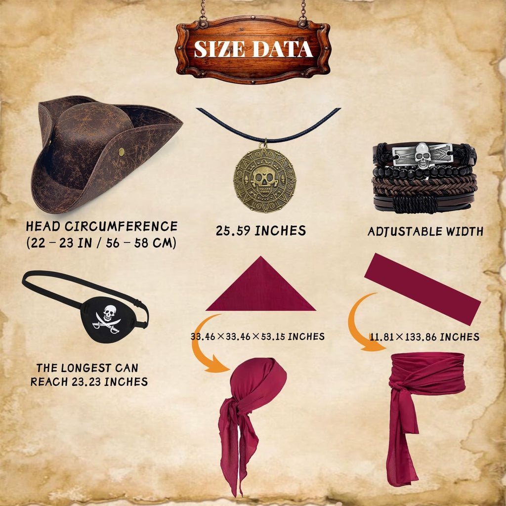 6-Piece Pirate Accessories Costume Set for Adults, Realistic Tricorn Hat | with Red Bandana, Waist Sash, Eye Patch, Skull Bracelets & Necklace, Mens Captain Buccaneer Party Outfit