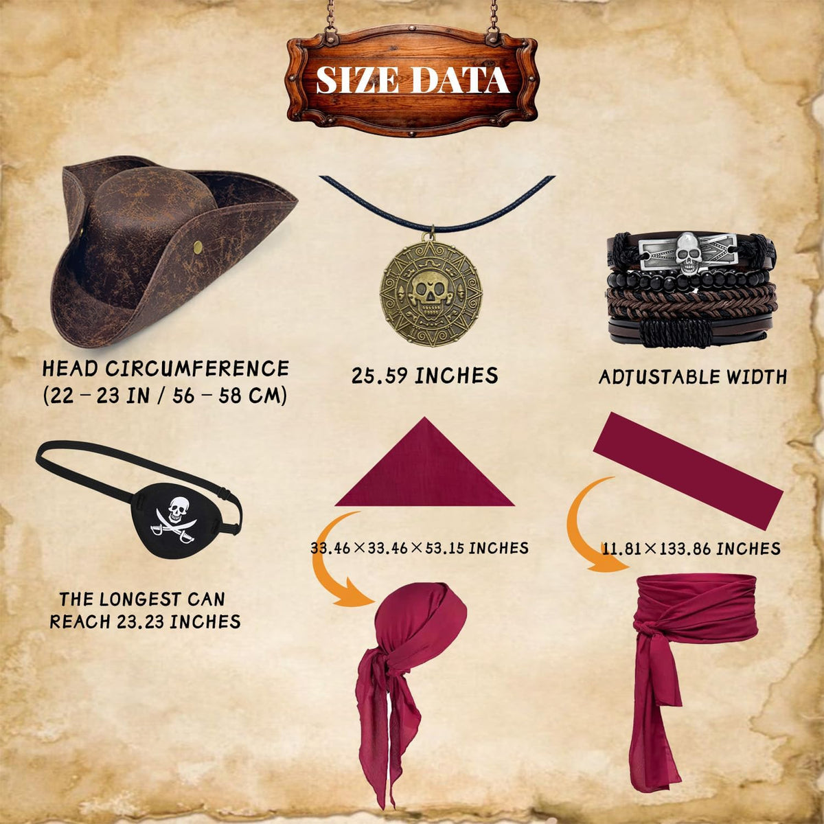 6-Piece Pirate Accessories Costume Set for Adults, Realistic Tricorn Hat | with Red Bandana, Waist Sash, Eye Patch, Skull Bracelets & Necklace, Mens Captain Buccaneer Party Outfit