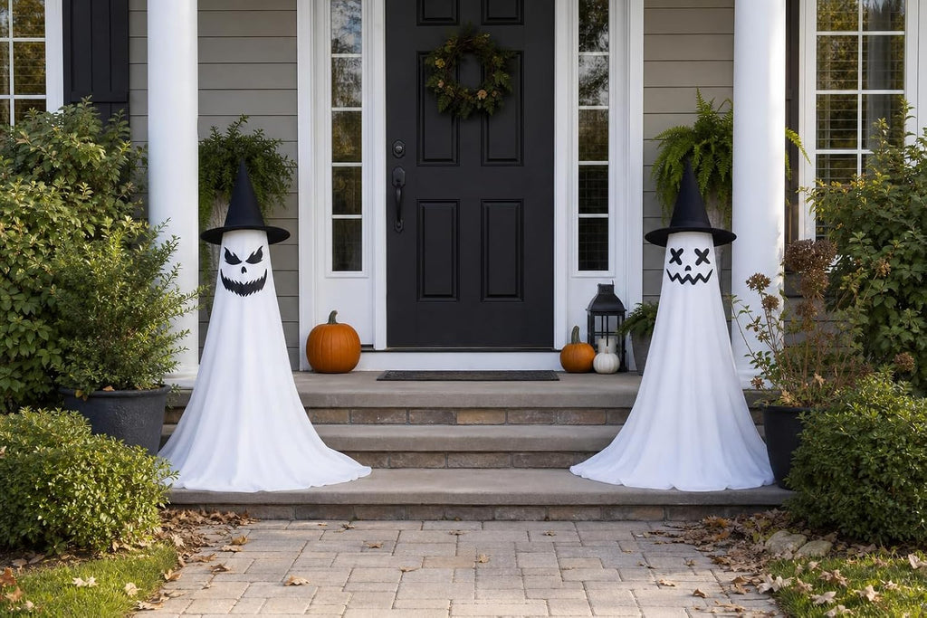 2‑Pack 63" Halloween Decorations for Outdoor with Remote Control | 8 Light Modes & Timer, 43‑63In Adjustable Height, 4 Sets DIY Ghost Faces, Windproof U‑Stakes, for Indoor, Yard, Lawn & Garden