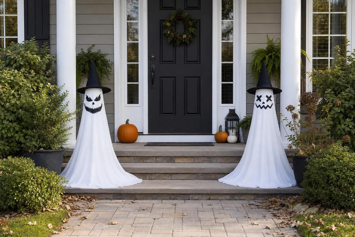 2‑Pack 63" Halloween Decorations for Outdoor with Remote Control | 8 Light Modes & Timer, 43‑63In Adjustable Height, 4 Sets DIY Ghost Faces, Windproof U‑Stakes, for Indoor, Yard, Lawn & Garden