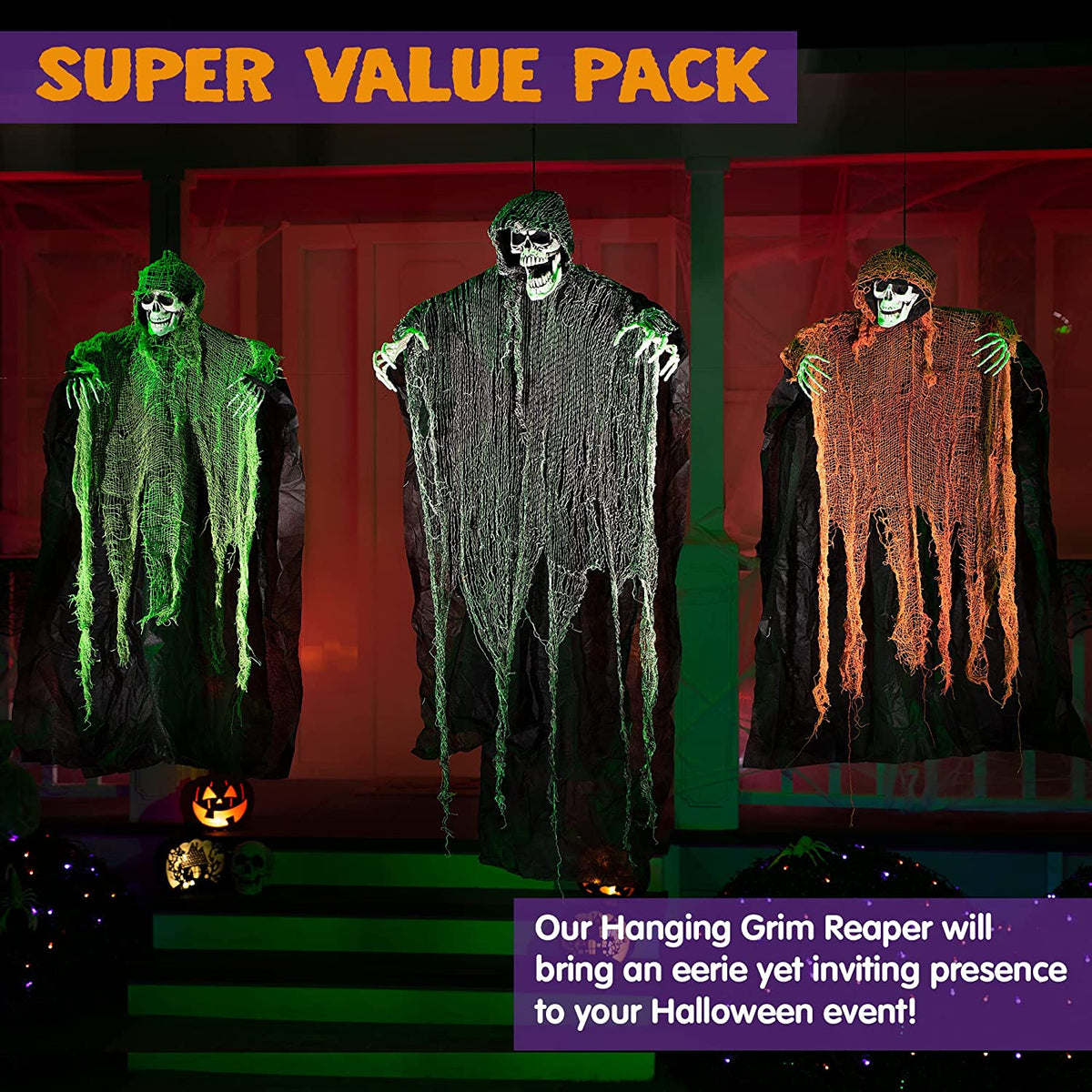Halloween Hanging Grim Reapers (3 Pcs), One 47” and Two 35” Grim Reapers, Halloween Skeleton Flying Ghost for Haunted House Prop Décor, Outdoor Indoor Decor