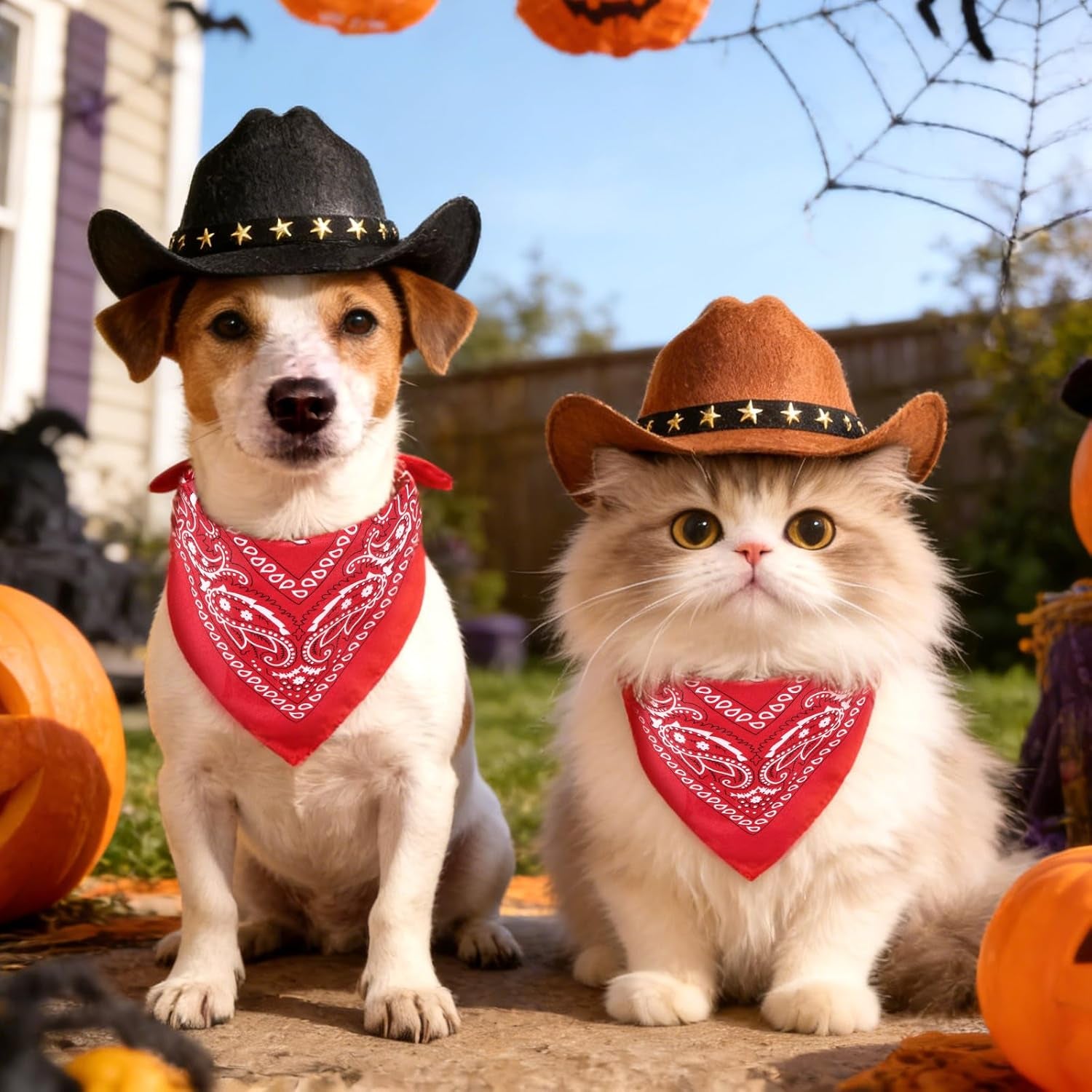 Pet Cowboy Costume, Dog Cowboy Hat with Bandana Scarf, Adjustable Cat Cowboy Hat for Party Cosplay Christmas, Halloween Cowboy Costumes for Small Pet Dogs Cats (Khaki, Small)