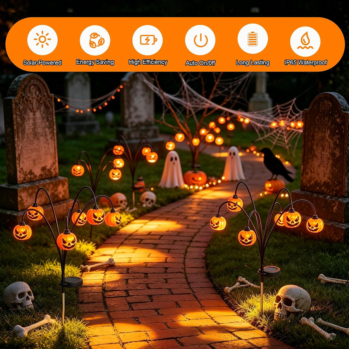 2 Pack Solar Halloween Lights Outdoor Decorations, Fall Pumpkin Lanterns | Garden Stake Light Waterproof, Halloween Decor Jack O Lantern, 12 LED Orange Lamp Swinging Decoration for Yard, Porch, Party