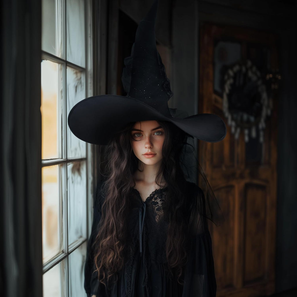 DIY Women'S Black Witch Hat – Wide Brim Gothic Halloween Costume Accessory for Masquerade Cosplay Party
