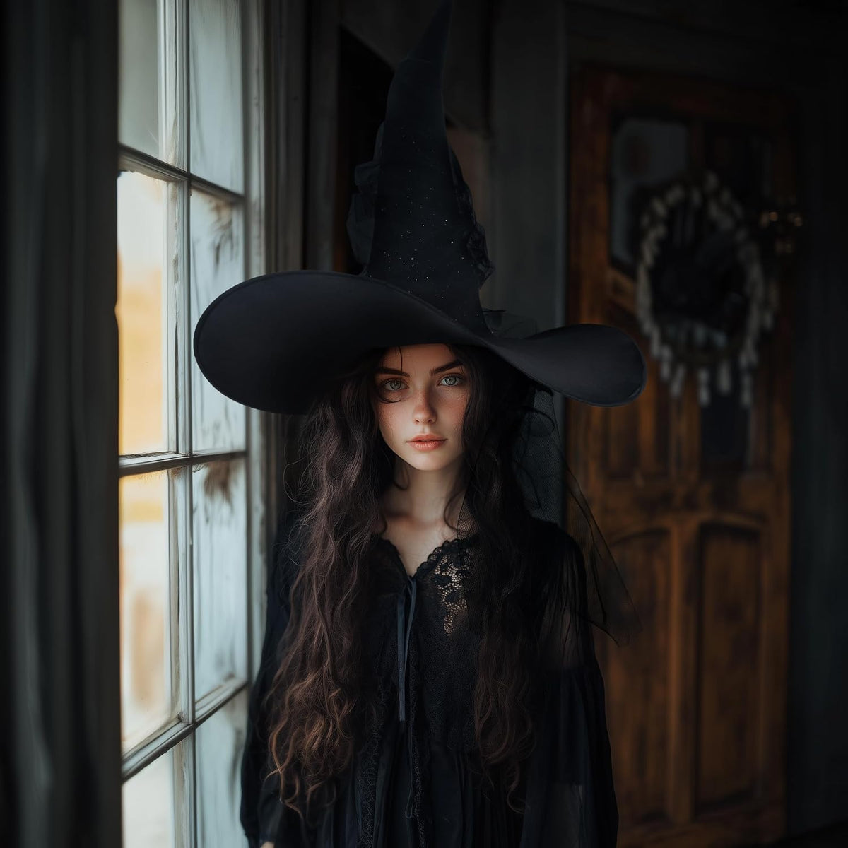 DIY Women'S Black Witch Hat – Wide Brim Gothic Halloween Costume Accessory for Masquerade Cosplay Party