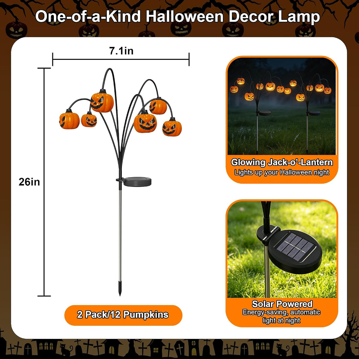 2 Pack Solar Halloween Lights Outdoor Decorations, Fall Pumpkin Lanterns | Garden Stake Light Waterproof, Halloween Decor Jack O Lantern, 12 LED Orange Lamp Swinging Decoration for Yard, Porch, Party