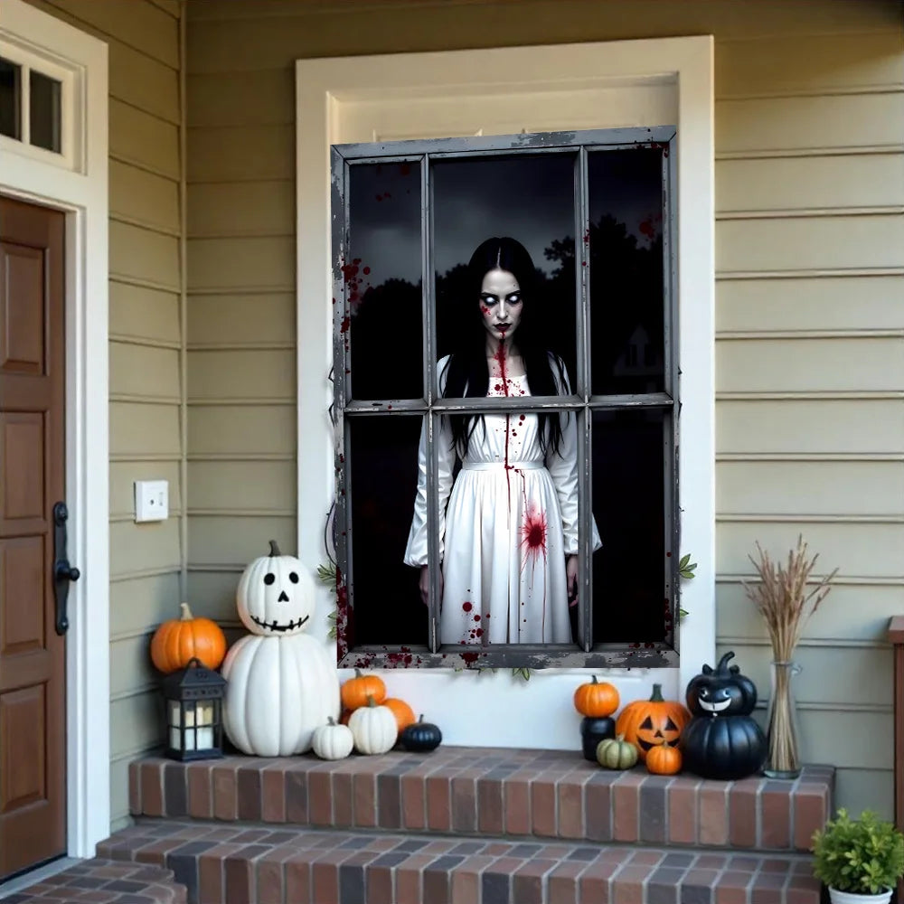 One 2D Flat Halloween Window Background Cloth, Polyester, Terrifying Female Ghost, Suitable for Outdoor Halloween Decoration