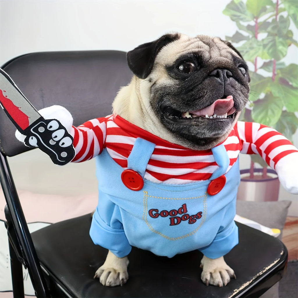 Dog Cosplay Clothes Bloody Doll Look with Knife Wig Novelty Funny Pet Costume Party Wear Halloween
