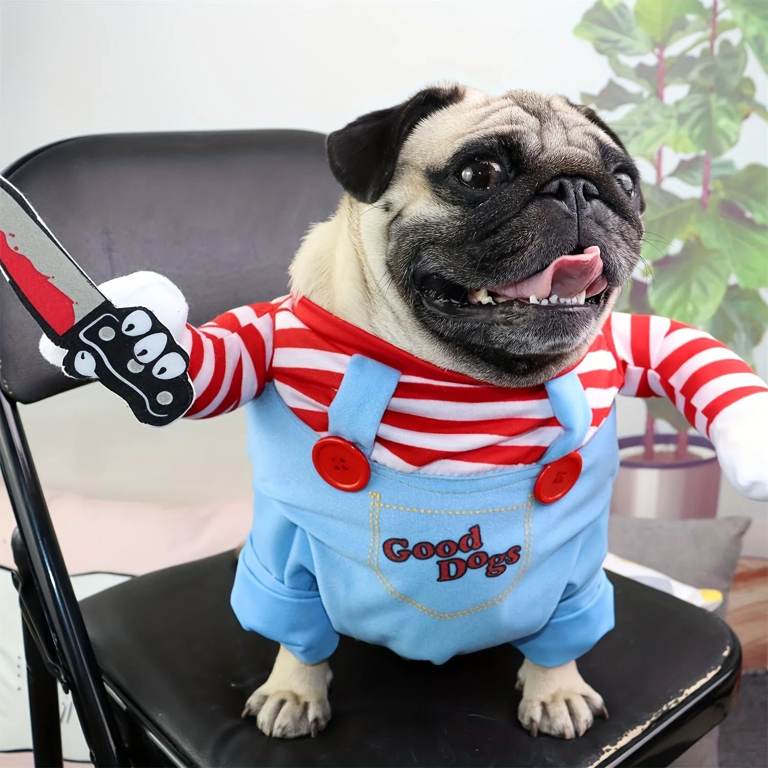 Dog Cosplay Clothes Bloody Doll Look with Knife Wig Novelty Funny Pet Costume Party Wear Halloween