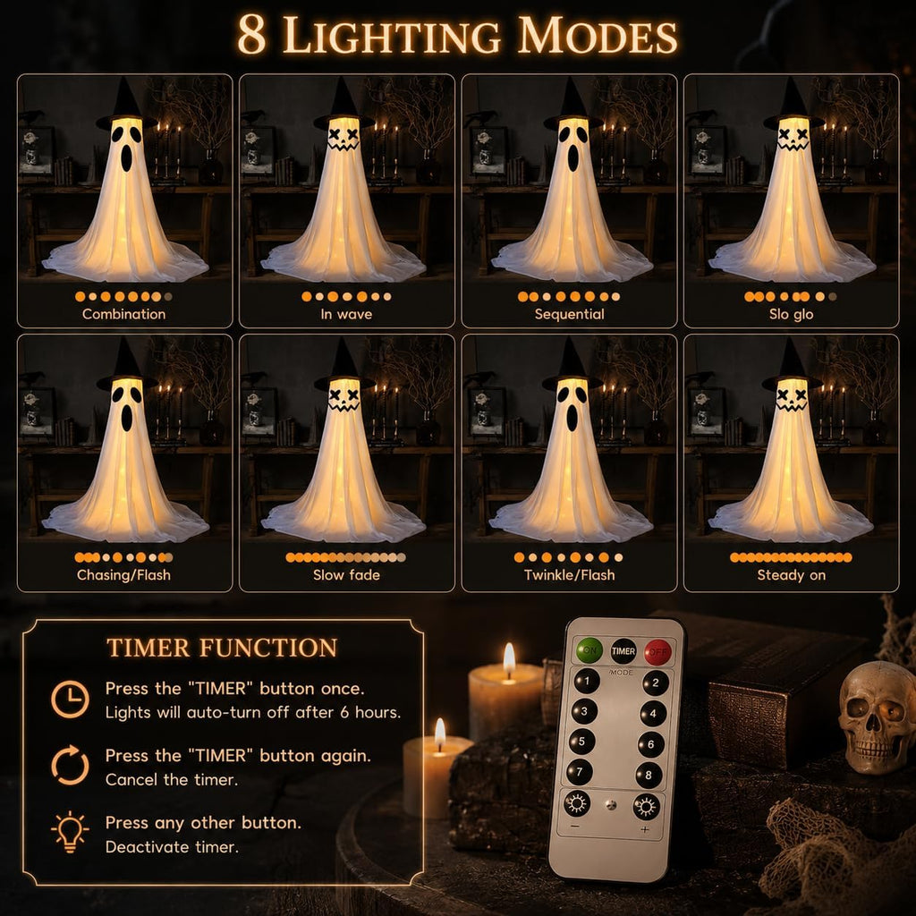 2‑Pack 63" Halloween Decorations for Outdoor with Remote Control | 8 Light Modes & Timer, 43‑63In Adjustable Height, 4 Sets DIY Ghost Faces, Windproof U‑Stakes, for Indoor, Yard, Lawn & Garden