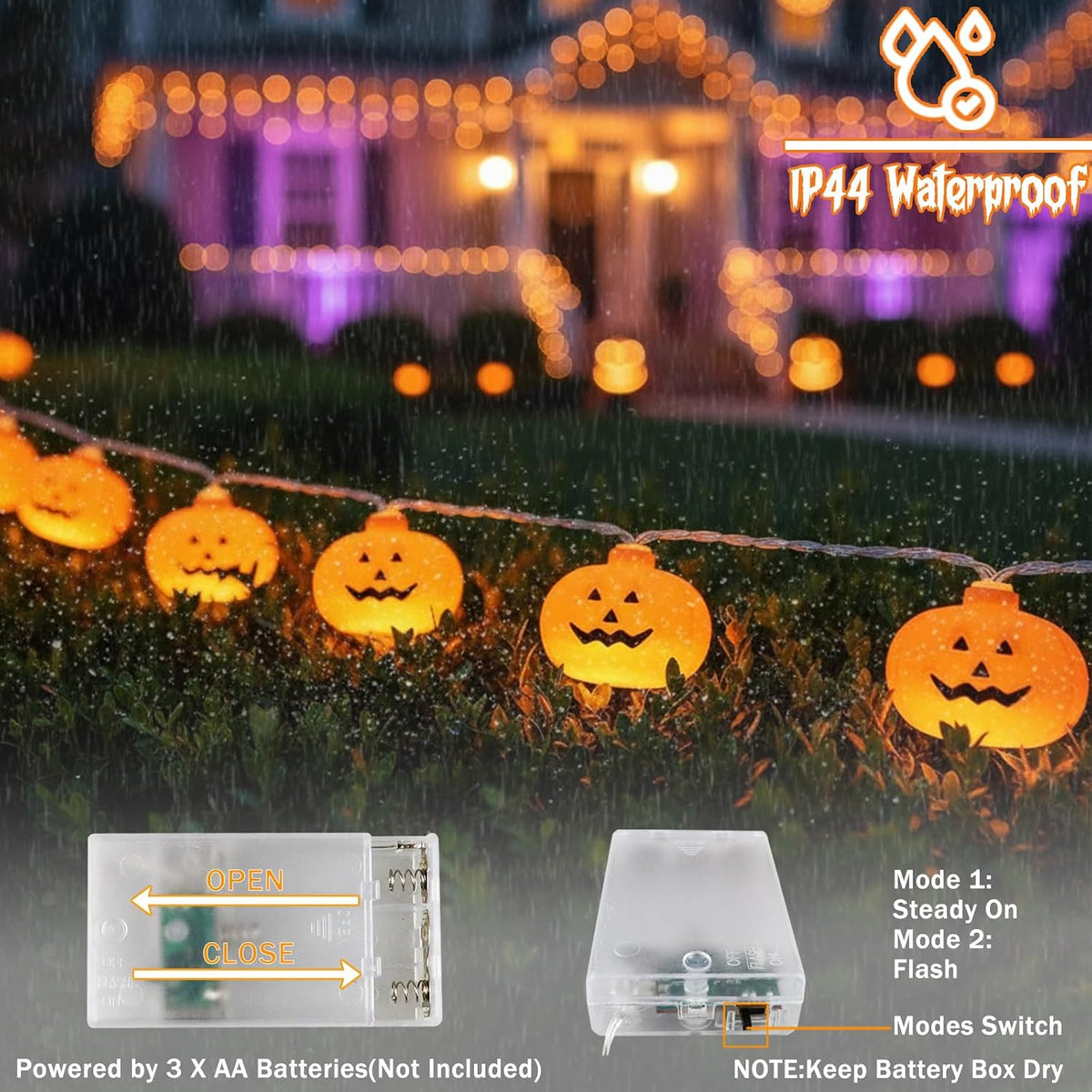Halloween Decorations Pumpkin String Lights Battery Operated | 10 Ft 20 LED, 3D Cute Waterproof Orange Jack-O-Lantern, Steady/Flickering, Twinkle Light for Indoor Outdoor Porch Party Decor