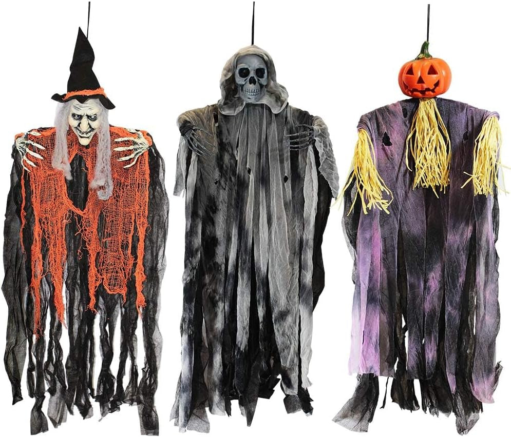 3 Pack 35” Hanging Ghosts Witch Pumpkin Decor Hanging Halloween Decorations Outdoor Halloween Decor, Scary Flying Witch Grim Reapers Haunted House Front Porch Decor Yard Garden Lawn Party