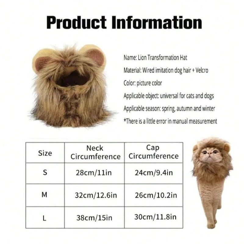 1Pc Cute Funny Pet Clothes Cap Cute Cat Wig Lion Mane Costume Cosplay Kitten Dog Hat with Ears,Suitable for Fancy Party Supplies