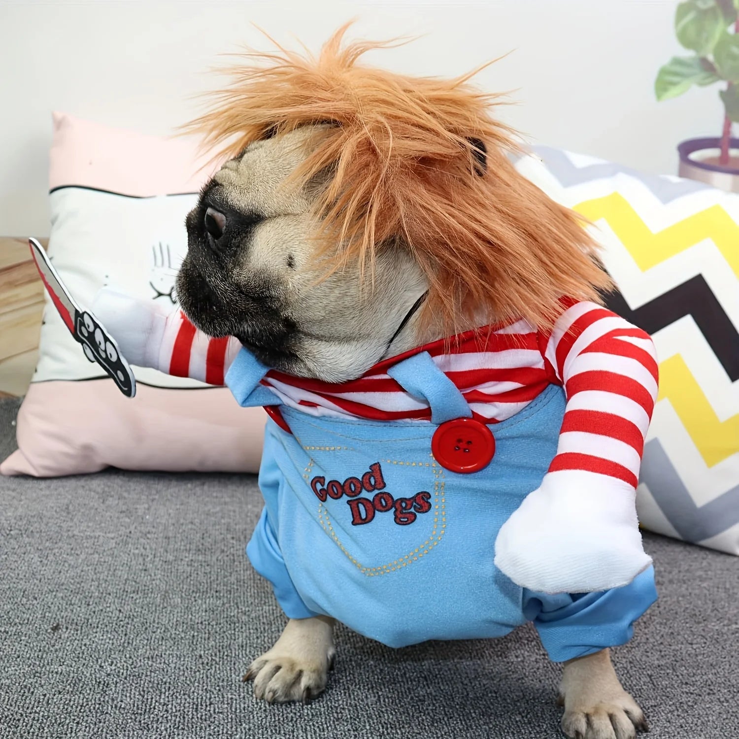 Dog Cosplay Clothes Bloody Doll Look with Knife Wig Novelty Funny Pet Costume Party Wear Halloween