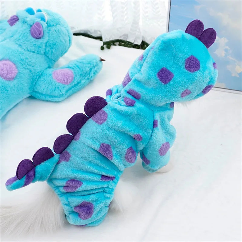 Cute Dinosaur Pet Costume 4 Legs Jumpsuit for Small Dogs Cats, Soft Plush Warm Cosplay Outfit Winter Clothes