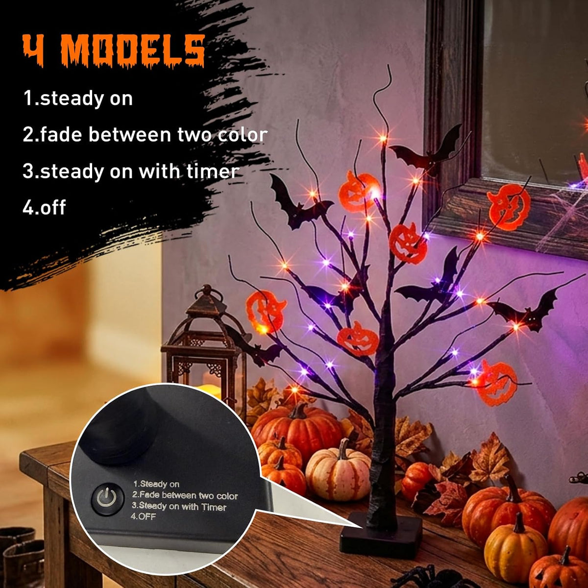 Halloween Decorations, Halloween Tree Lights, Lighted Black Tree | Halloween Decorations Indoor, Spooky Tree with 24 Orange Purple Lights & Timer, 22" Table Centerpiece Battery for Home Decor