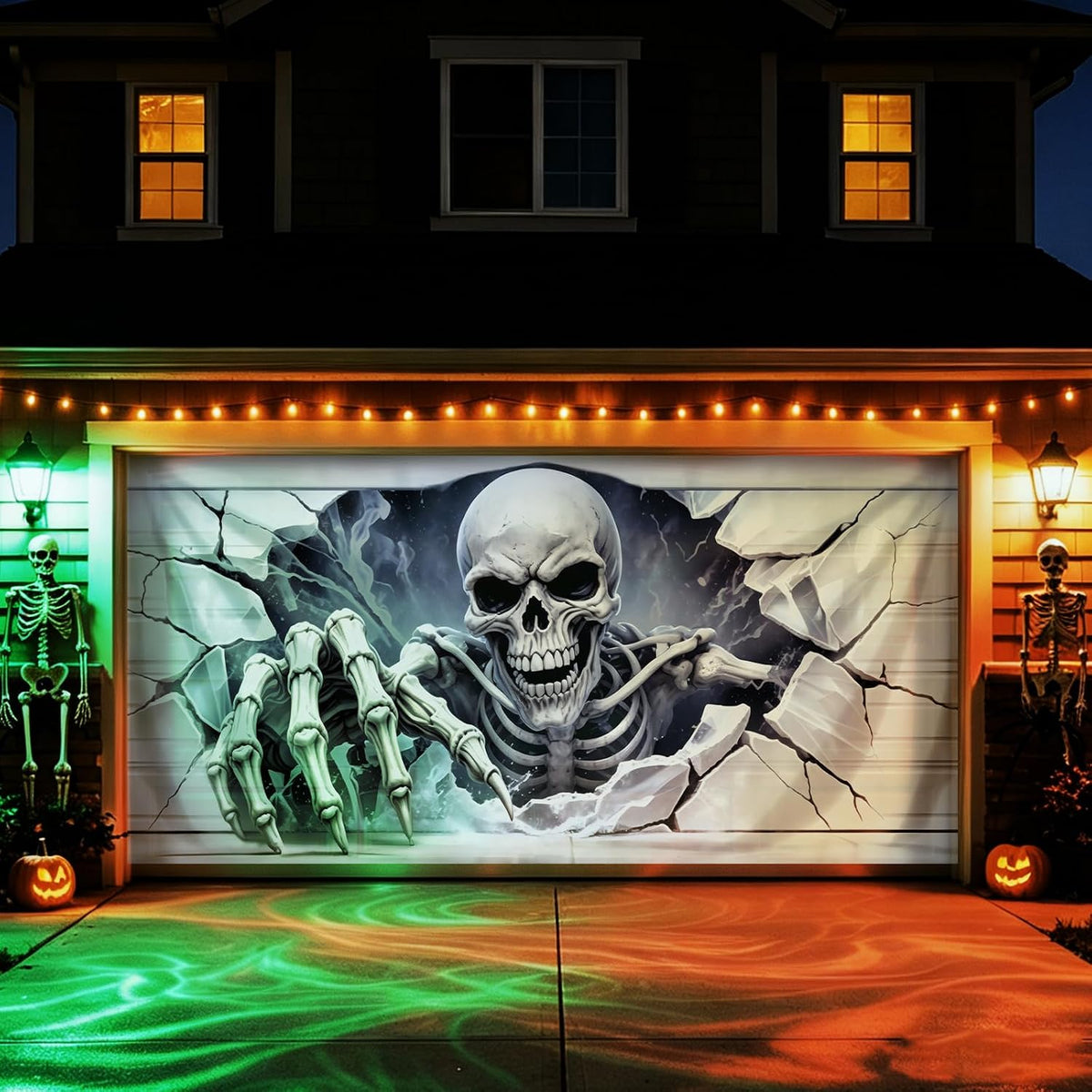 Halloween Garage Door Cover, 7×16 FT Skull Halloween Decorations Outdoor