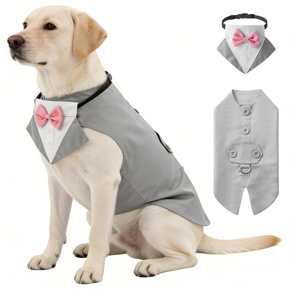 Formal Dog Tuxedo Suit and Colar Bandana Set, Wedding Party Costume Doggy Prince Bowtie Shirt, Suitable for Engagement We
