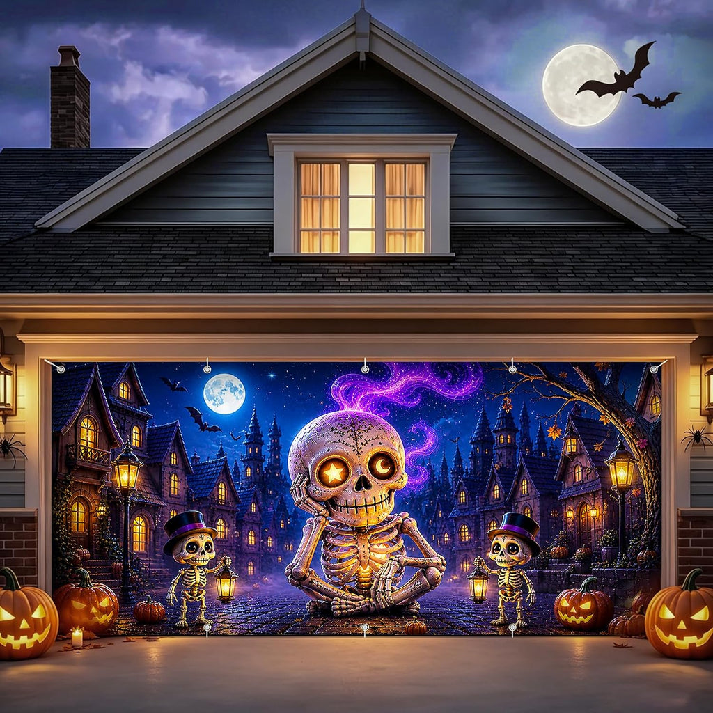 Halloween Garage Door Cover, Giant Skeleton Banner Outdoor Decoration