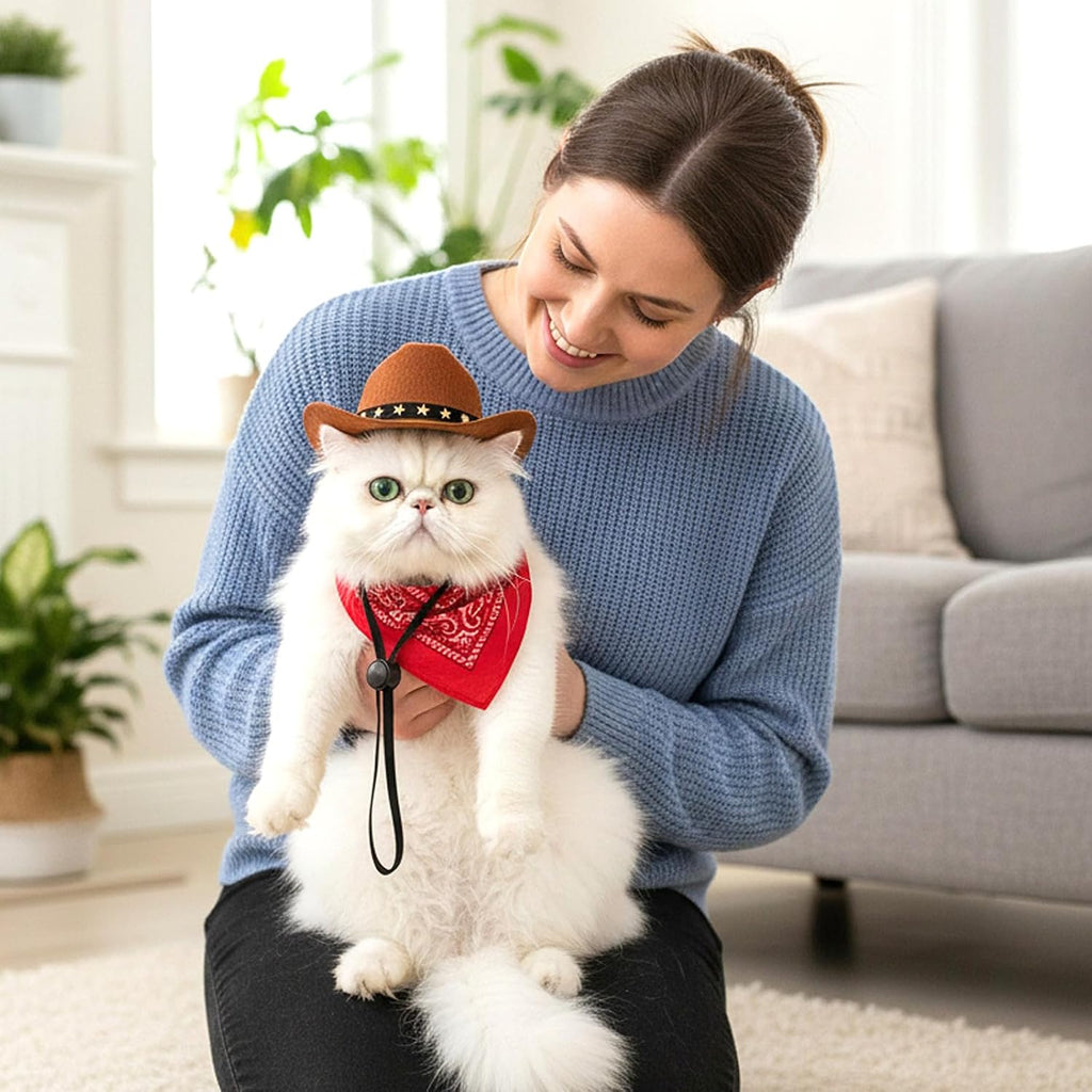 Pet Cowboy Costume, Dog Cowboy Hat with Bandana Scarf, Adjustable Cat Cowboy Hat for Party Cosplay Christmas, Halloween Cowboy Costumes for Small Pet Dogs Cats (Pink, Small)
