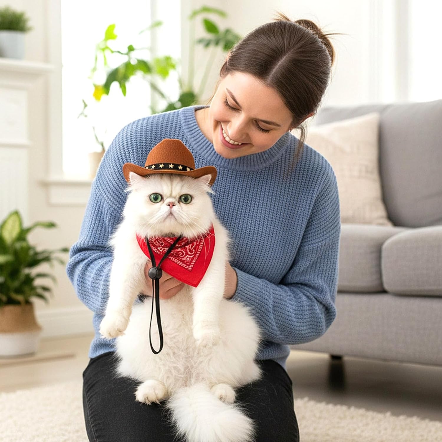 Pet Cowboy Costume, Dog Cowboy Hat with Bandana Scarf, Adjustable Cat Cowboy Hat for Party Cosplay Christmas, Halloween Cowboy Costumes for Small Pet Dogs Cats (Khaki, Small)