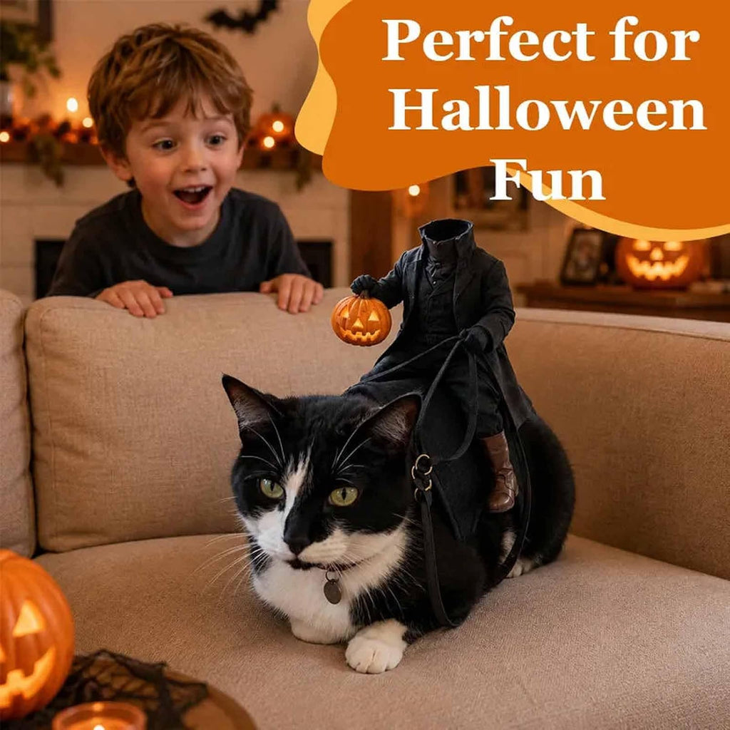 Headless Horseman Cat Costume – Spooky 3D Horse Riding Illusion, Realistic Dark Rider Cosplay Outfit with Magic Tape, Perfect Halloween Party Pet Outfit for Photos, for Small Dog Puppy Kitty Kitten