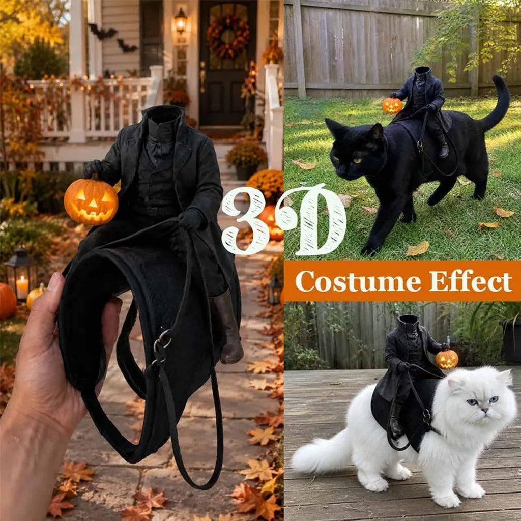 Headless Horseman Cat Costume – Spooky 3D Horse Riding Illusion, Realistic Dark Rider Cosplay Outfit with Magic Tape, Perfect Halloween Party Pet Outfit for Photos, for Small Dog Puppy Kitty Kitten