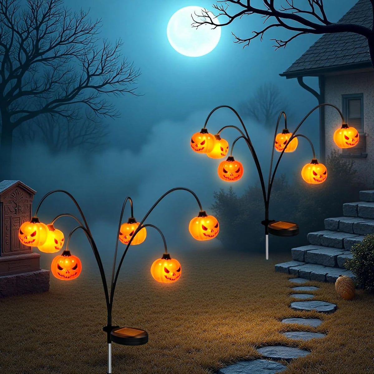 2 Pack Solar Halloween Lights Outdoor Decorations, Fall Pumpkin Lanterns | Garden Stake Light Waterproof, Halloween Decor Jack O Lantern, 12 LED Orange Lamp Swinging Decoration for Yard, Porch, Party