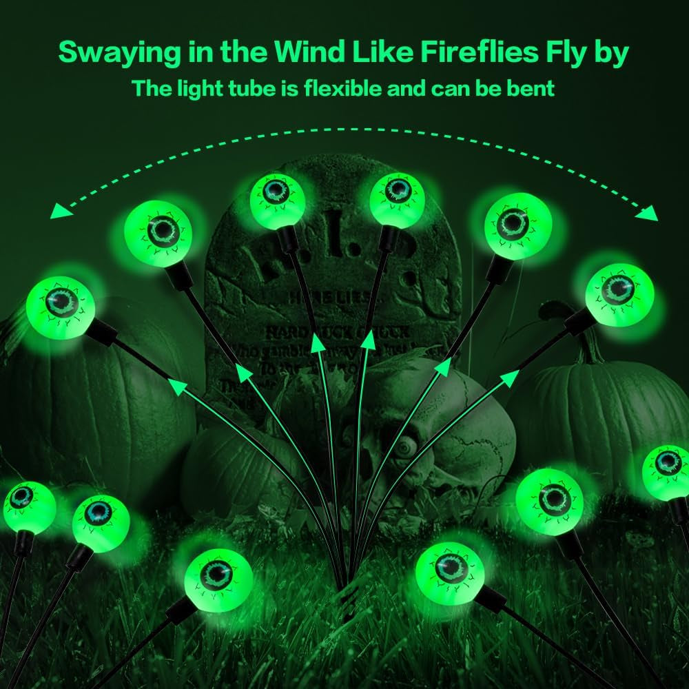 Halloween Decorations Outdoor Solar Scary Eyeball Lights,2Packs 12LED Green Eyeball Swaying Firefly Lights,Waterproof Solar Halloween Path Lights for Yard/Garden/Lawn/Party Decor
