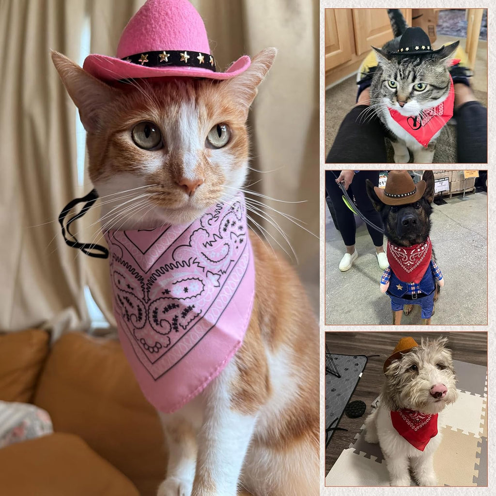 Pet Cowboy Costume, Dog Cowboy Hat with Bandana Scarf, Adjustable Cat Cowboy Hat for Party Cosplay Christmas, Halloween Cowboy Costumes for Small Pet Dogs Cats (Pink, Small)