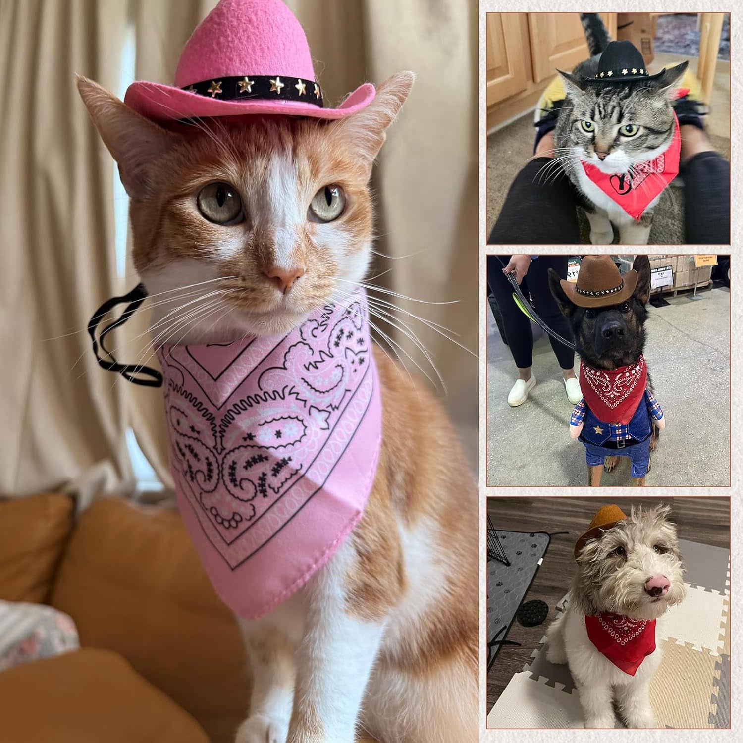 Pet Cowboy Costume, Dog Cowboy Hat with Bandana Scarf, Adjustable Cat Cowboy Hat for Party Cosplay Christmas, Halloween Cowboy Costumes for Small Pet Dogs Cats (Pink, Small)